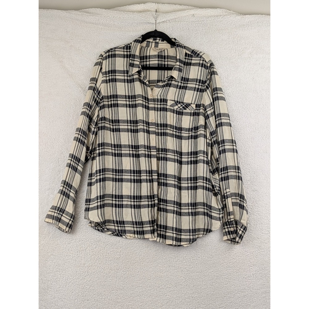 Lucky Brand Womens XL Plaid Button Down Shirt Cream Black Long Sleeve C1624